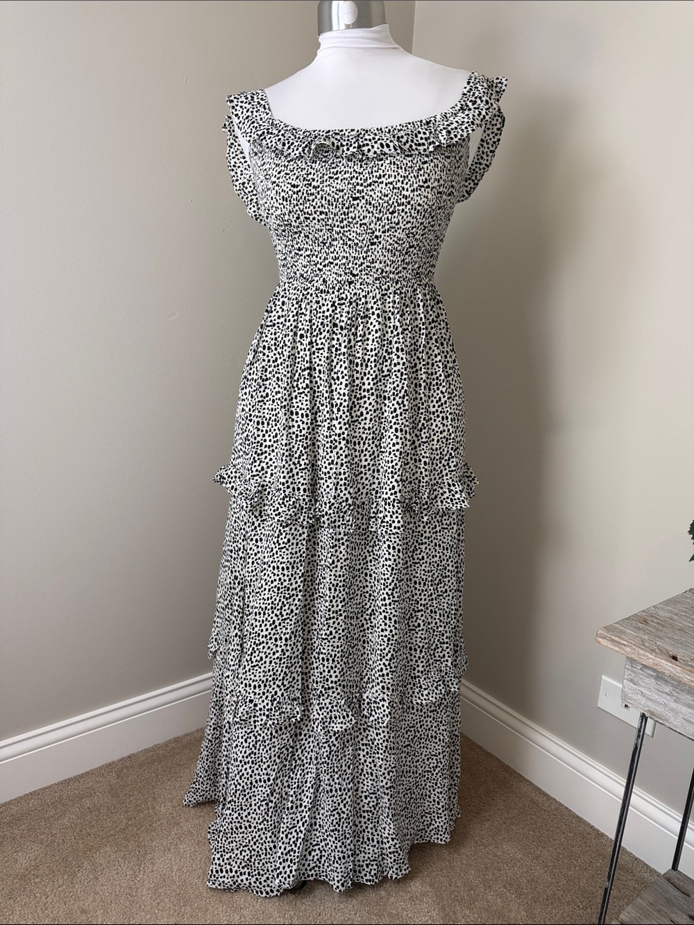 Express Smocked Off Shoulder Tiered Maxi Dress Black White Small